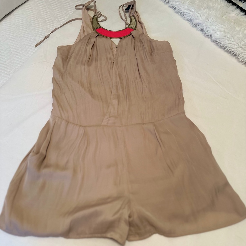 Marciano short lined romper with attached pink & gold metal necklace. Worn once.